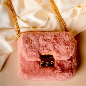Pink Faux Fur Crossbody Clutch